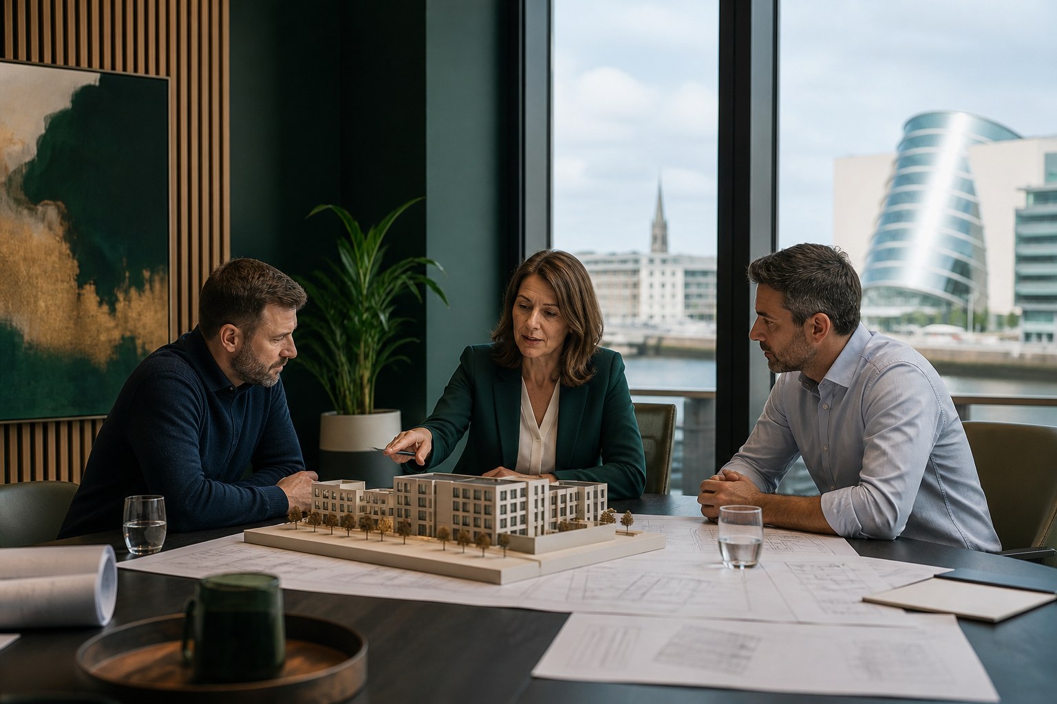 Mediator discussing plans and a property model with construction professionals